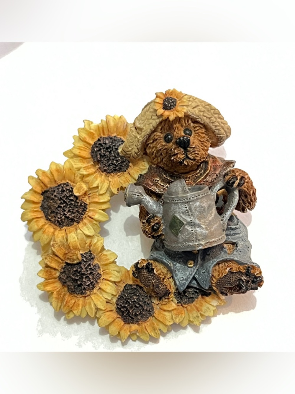 Bear Brooch Pin with Sunflowers and Watering Can